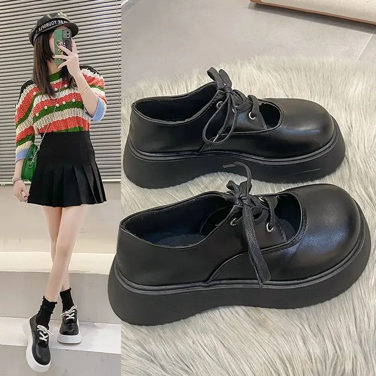 

Женские кожаные туфли, массивные Туфли Мэри Джейн в корейском ретро стиле, с закрытым носком, на толстой подошве, со шнуровкой, Повседневная ...