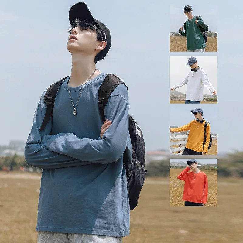 

Solid Color Long-sleeved Men's T-shirt Round Neck Candy Color Loose Casual Korean Hip-hop Oversized Men's T-shirt