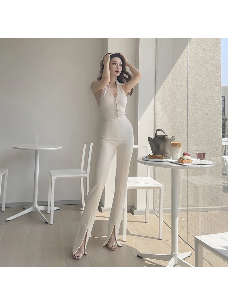 Le Palais Vintage 2021 Spring New Original Fashionable All-Match Slim Slit High Waist Pants for Women Elegant White Flared Pants