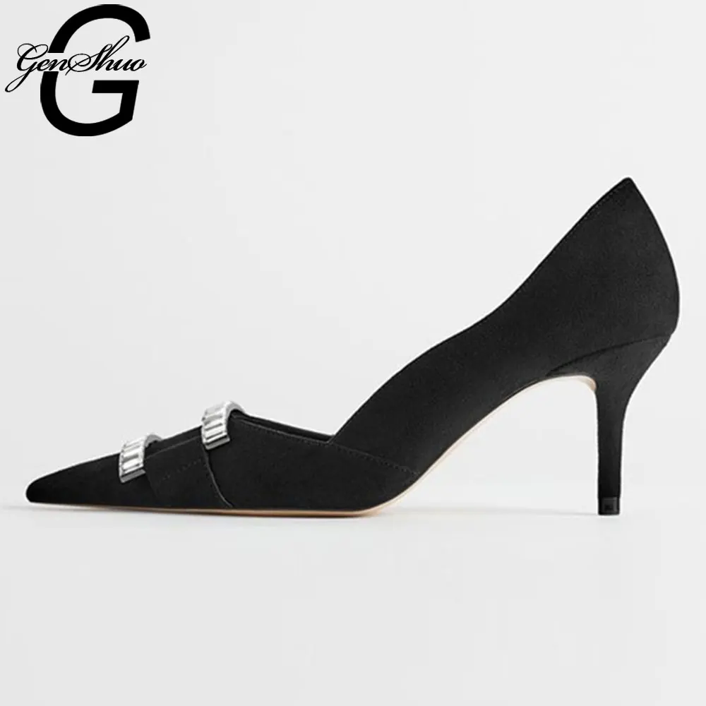 GENSHUO/женские туфли на тонком каблуке офисные лодочки с острым носком однотонные