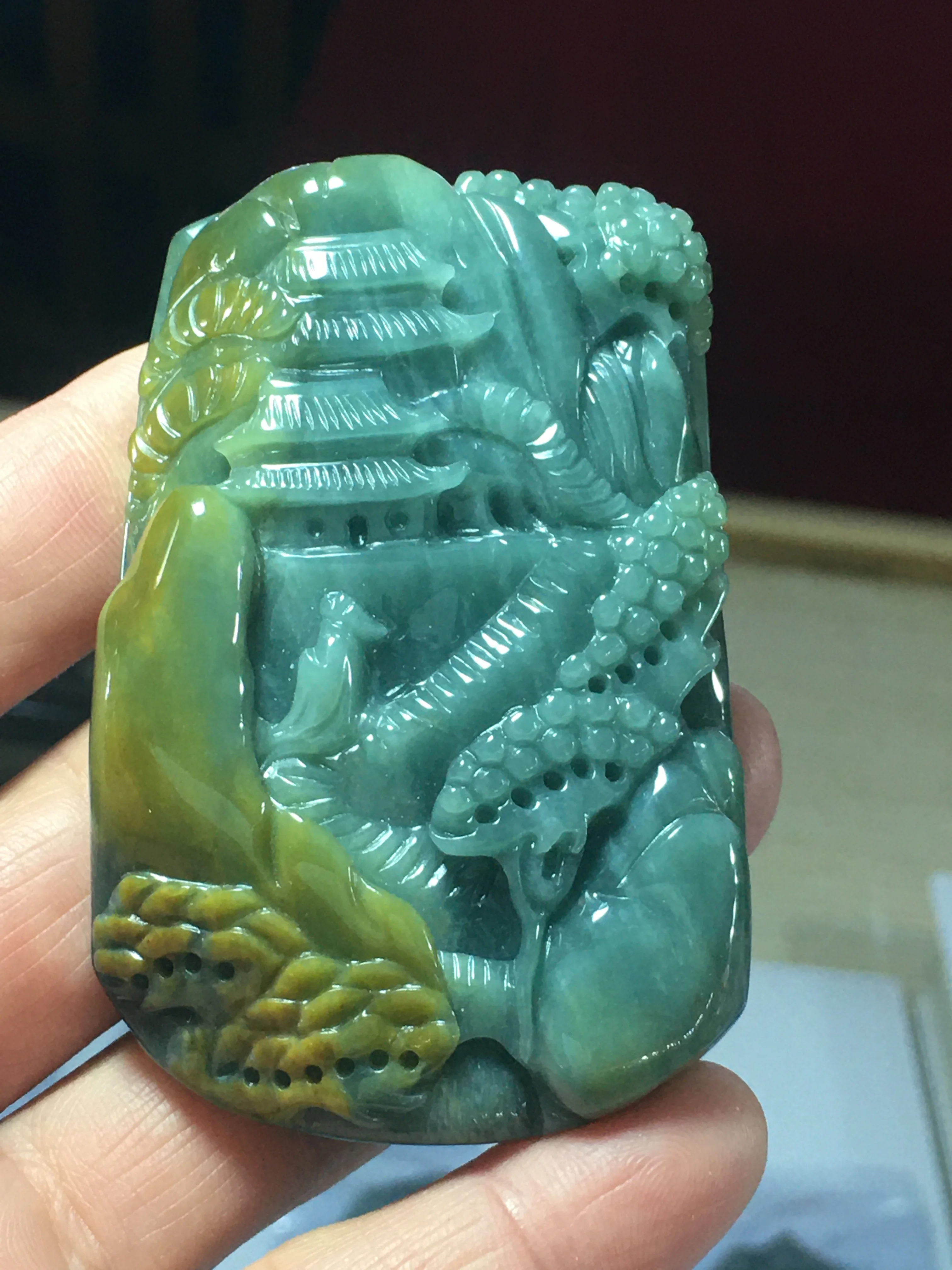 

Natural Myanmar jade 7A HandCarved green jade landscape waterfall jadeite jade pendant jade necklaces pendants jewelry men woman