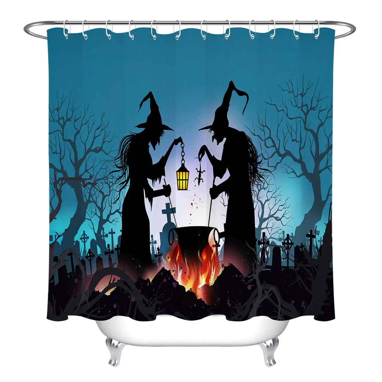 Scary Witch in Graveyard Shower Curtain Spooky Halloween Night Decor | Дом и сад