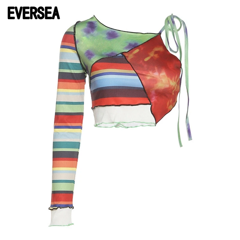 

Eversea Contrast Color Joint Design Crop Tops One Long Sleeve Lady Fashion T-Shirt