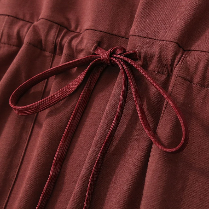 

Korean Cotton Women Dress Casual O-Neck Long Sleeve Elastic Waist Drawstring Spring Autumn Lady Dresses M30713