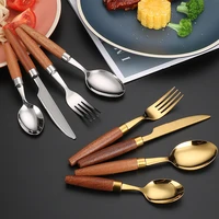 14pcs 304 stainless steel cutlery set with wooden handle home western tableware knife spoon fork dinnerware kitchen utensils