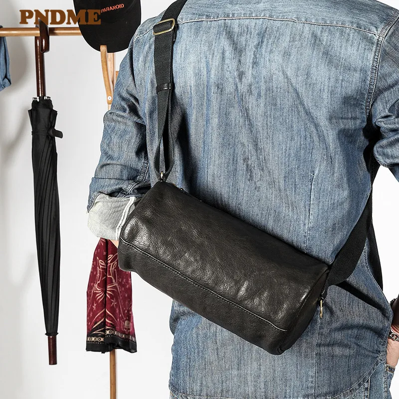 Casual fashion cylinder design luxury genuine leather men's shoulder bag simple soft natural real cowhide teens crossbody bags