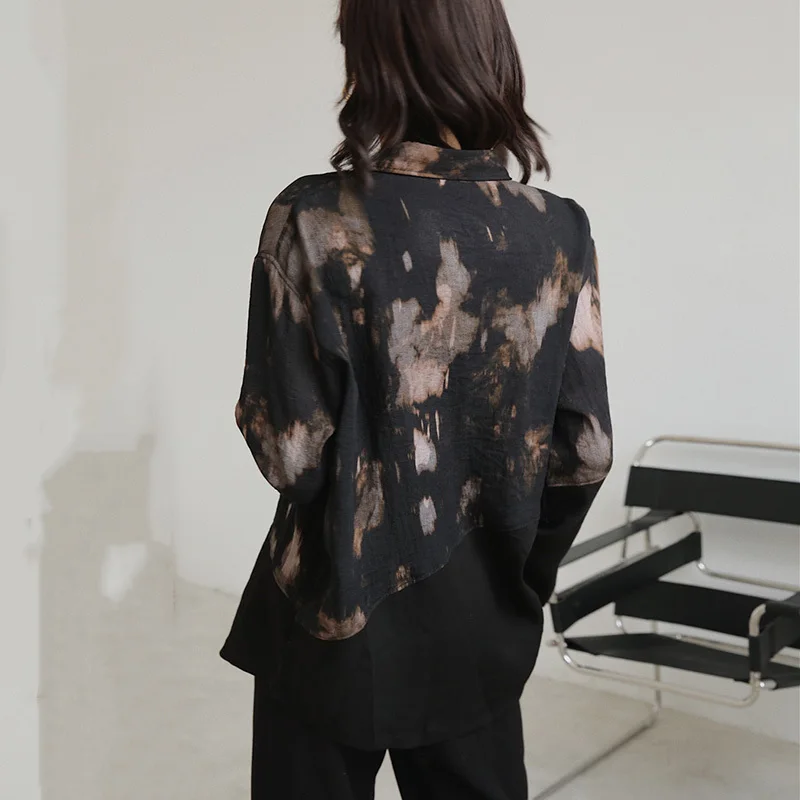 

Black Lapel Long-sleeved Tie-dyed Print Stitching Loose Plus Woman Shirt Casual Simple Fashion 2020 Spring New T570