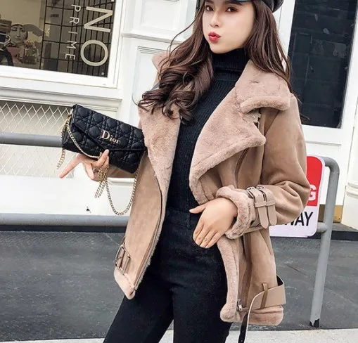 

Plus Size 5XL 2020 Winter Coat Suede Leather Faux Fur Jacket Women Thicken Warm Zipper Motorcycle woman jacket Casual Overcoat