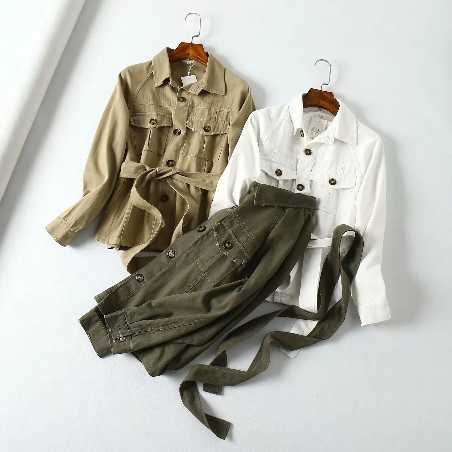 Осенняя винтажная Куртка карго цвета хаки женский ремень для верхней одежды - Фото №1