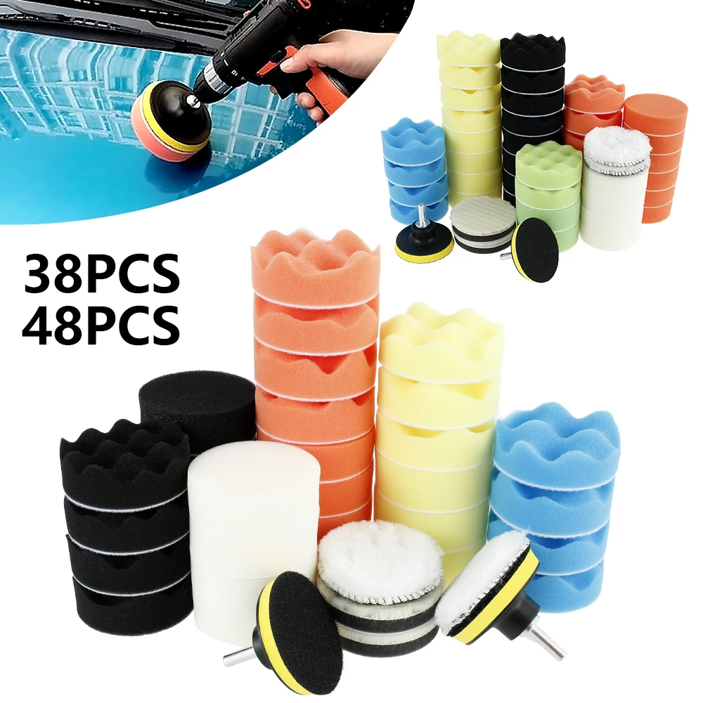 

38/48pcs Buffing Sponge Pad Set 3 Inch Car Polishing Pad Kit Auto Buffing Waxing with Drill Adaptor For Car Cleaning Tools
