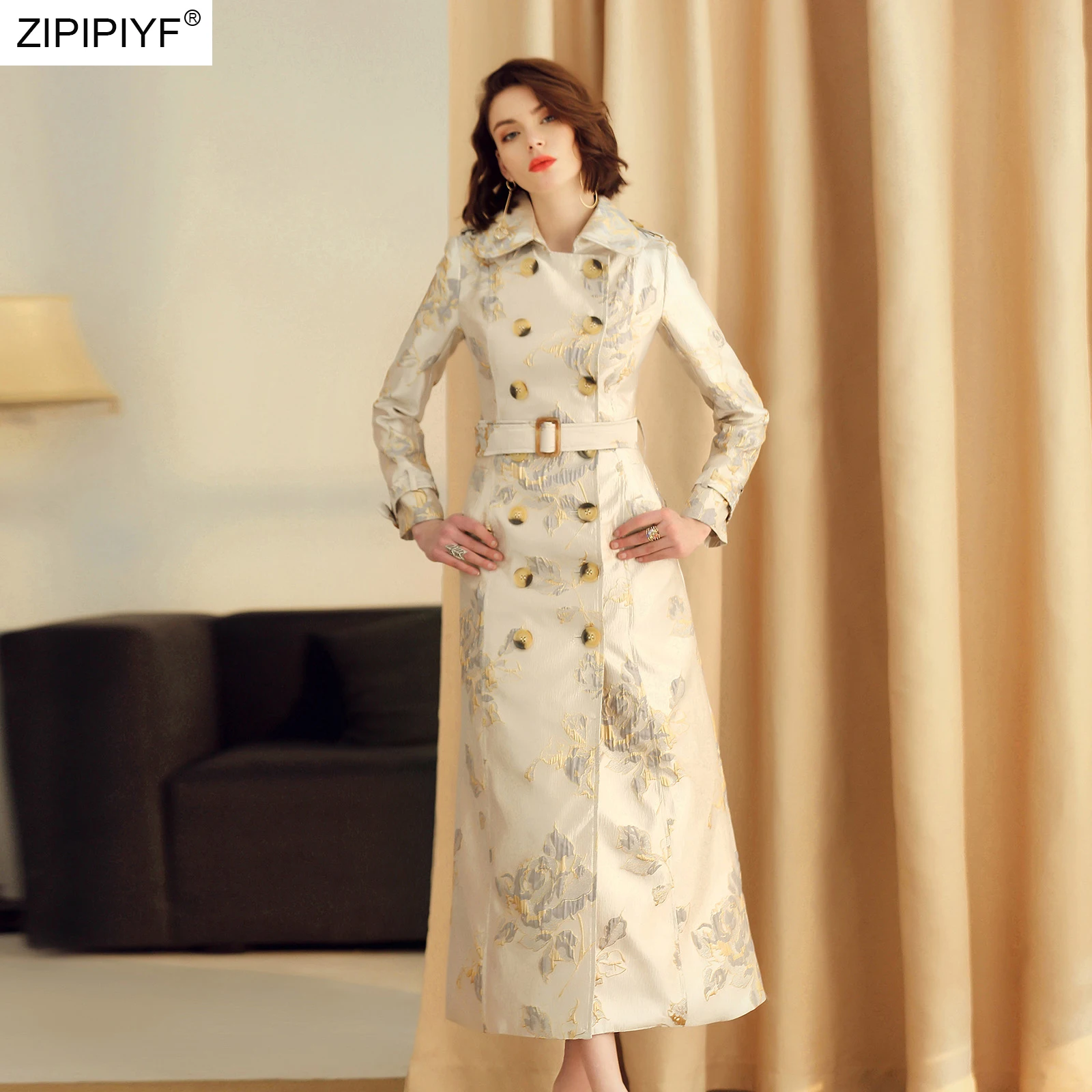 Женский двубортный жаккардовый плащ элегантная Длинная ветровка цвета хаки