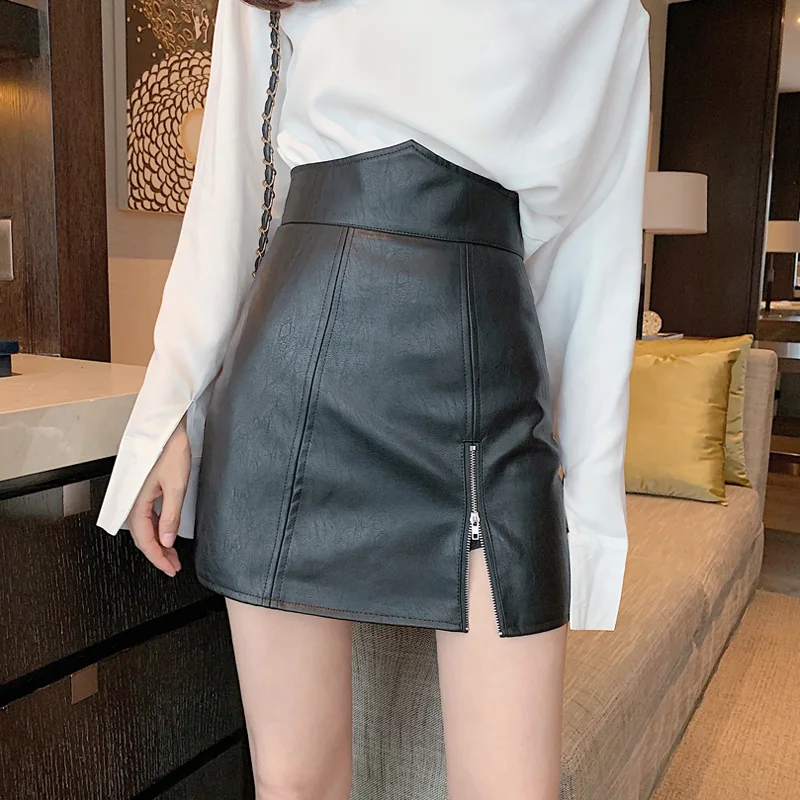 Женская короткая юбка карандаш из искусственной кожи на молнии с высокой талией