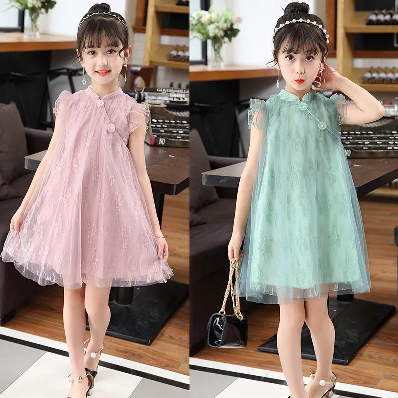 

2021 New Summer Fashion Girls' Cheongsam Dress Embroidered Mesh Sleeveless Party Princess Dress Children's Dress 4 5 6 7 8 9Y