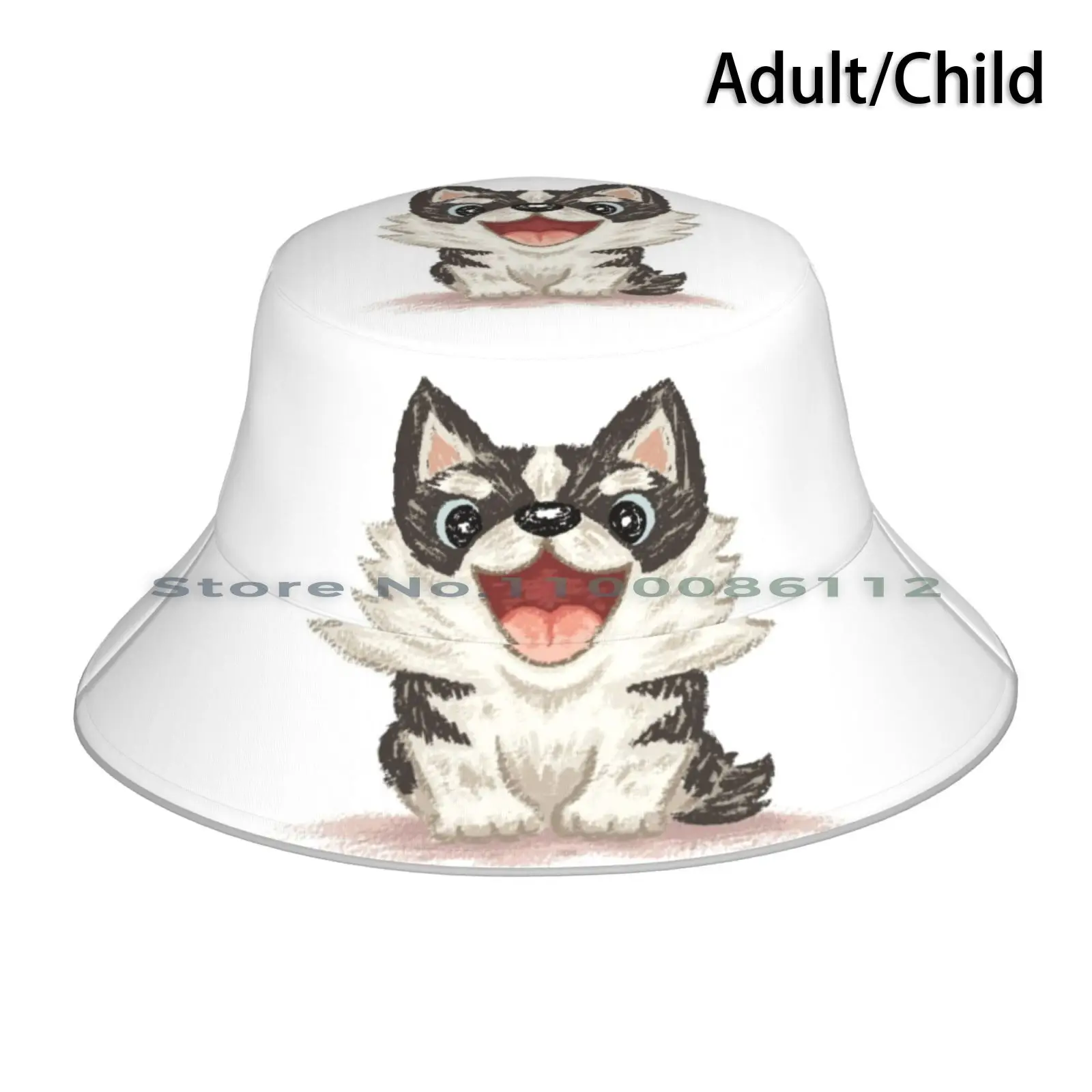 

Happy Siberian Husky Bucket Hat Sun Cap Happy Siberian Husky Puppy Canine Character Cute Love Animals Pets Dogs Brimless