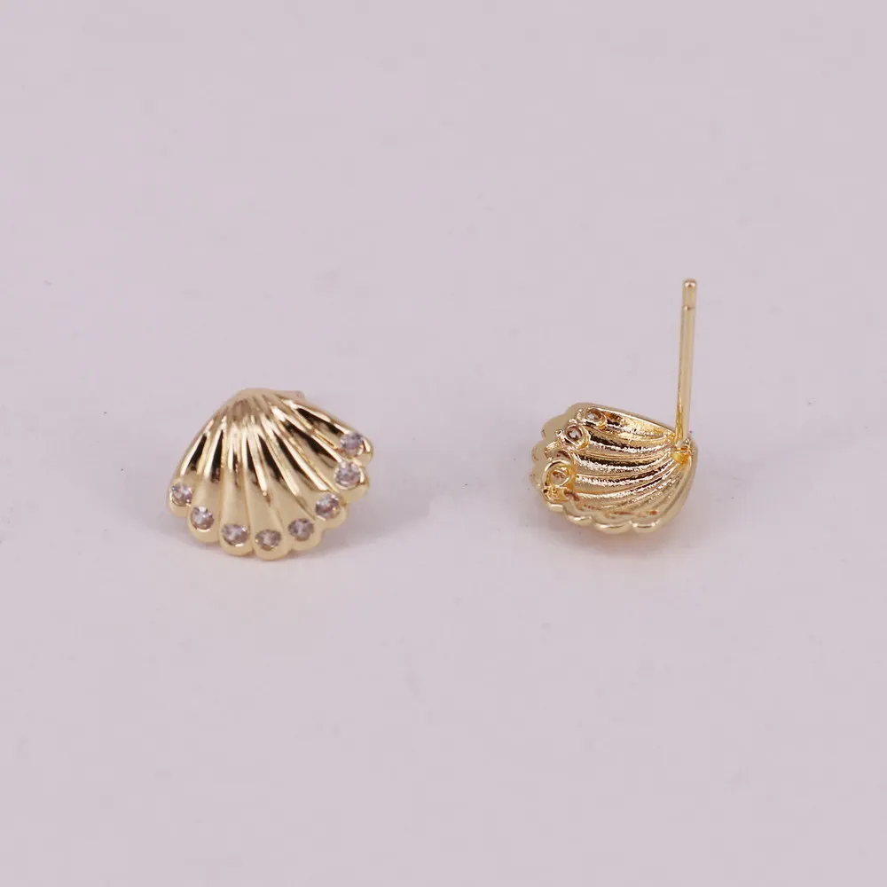 brass shell shape ear stud fittings with cz silver pin allergy free high quality gold plated DIY jewelry accessory | Украшения и