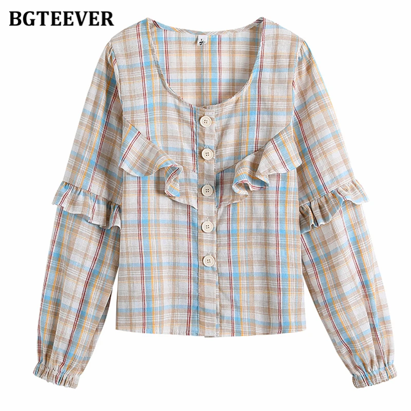 

BGTEEVER Casual Square Collar Women Plaid Shirts Blouses Vintage Long Sleeve Single-breasted Ruffles Ladies Tops 2021 Summer