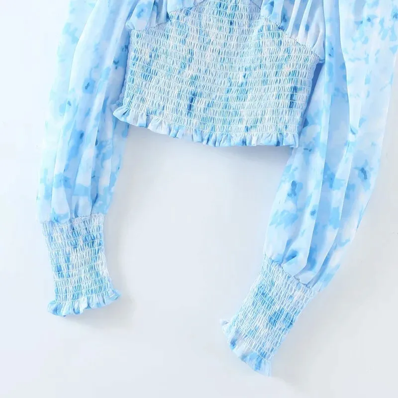 

French style retro style square neck shows thin bubble sleeve shirt women's ins tie dye pleated versatile high waist open navel