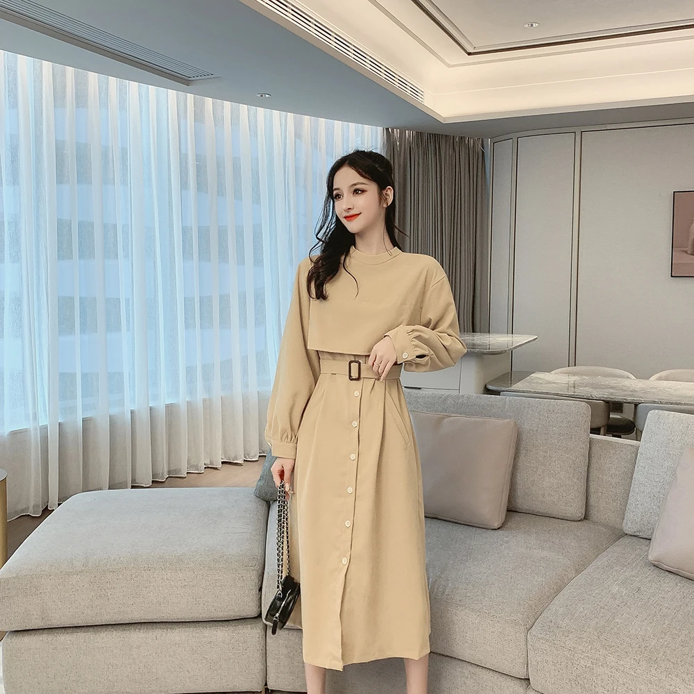 2019 Autumn Winter Dress Women Casual New Cotton Long Sleeve O-Neck Solid | Женская одежда
