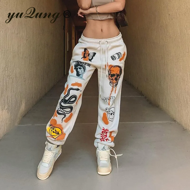 

Yuqung Printed Baggy Sweatpants Women Cotton Casual Hip High Waist Pocket Cargo Pants Jogging Trousers Slim Spring Streetwear