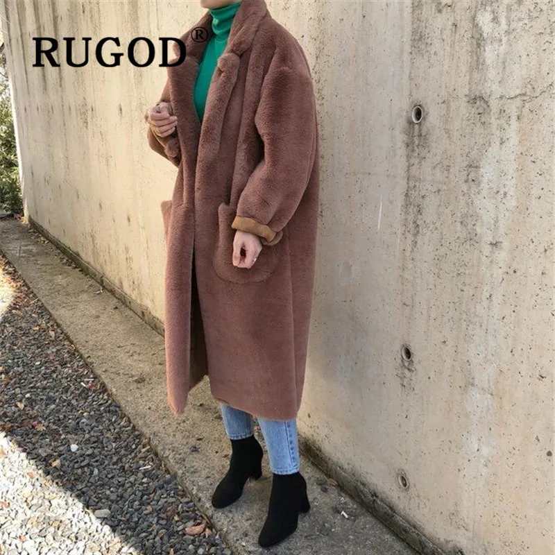 

RUGOD 2019 Winter Women Soft Velvet Coat Turn-down Collar Straight Loose Long Jacket French Chic Elegant Sweet Thick Warm Coat