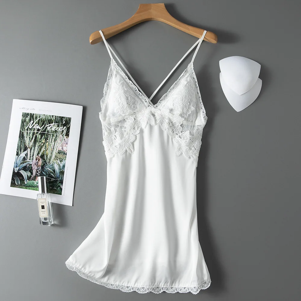 

Белая кружевная ночная рубашка, женская одежда для сна на бретелях-спагетти, Летнее шелковое платье для сна, Женская мини-ночнушка, домашняя...