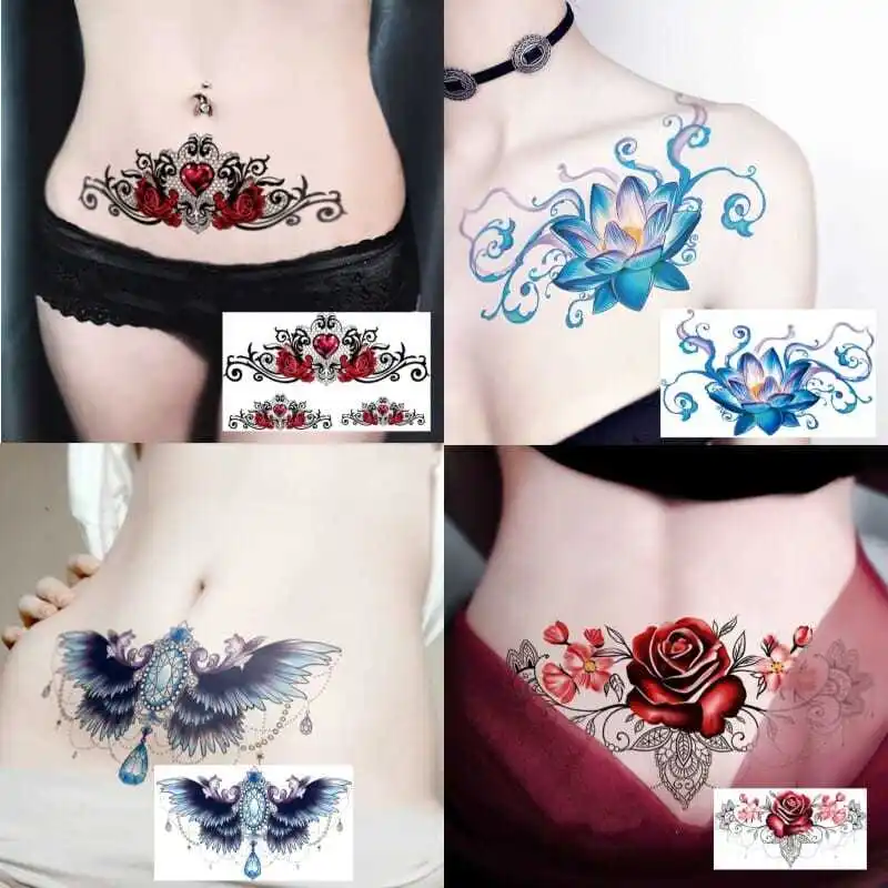 

4pc/Lot Lotus Big Picture Temporary Tattoo Stickers Female Flower Sexy Art Waterproof Fake Tattoo Waist Abdomen Tattoo Stickers