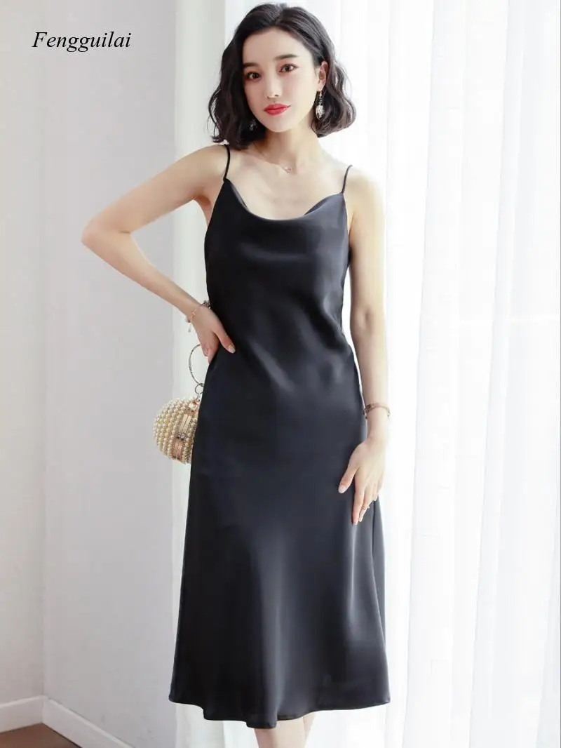 

Summer Suspender Vest Women's Sexy Silk Satin Dress High Waist Swing Collar Mid Length Dress
