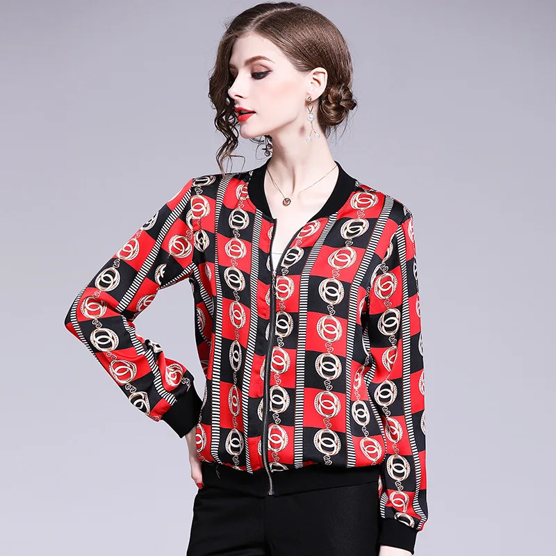 

New Arrival Promotion Fashion Print Jacket Women Zipper Up Retro Coat Spring Summer Long Sleeve Basic Short Biker Jackets Female