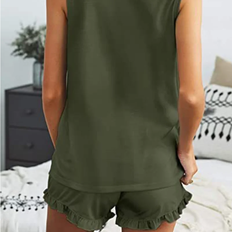 

Women Sleepwear Vest Pajamas Drawstring Shorts Sleeveless Homewear 2PCS Stretch Casual Lingerie Nightwear Clothing