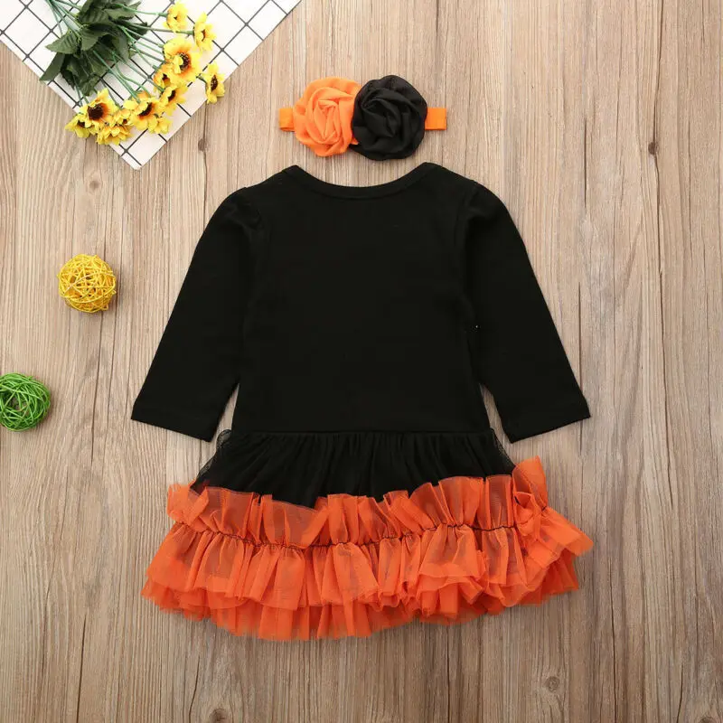 Новые Брендовые платья для малышей Костюм Тыква с принтом на Хэллоуин девочек