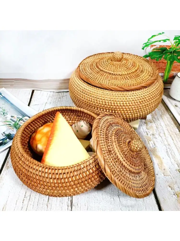 

Pure Natural Handmade Rattans Weaving Round Storage Basket with Cover Fruit Dish