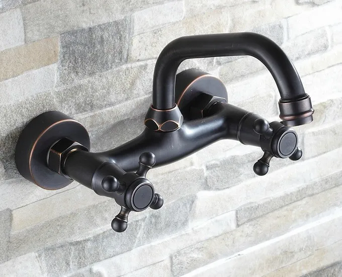 

Black Oil Rubbed Brass Double Handle/Hole Wall Mounted Kitchen Bathroom Basin Faucet Sink Mixer Tap Swivel Spout 360' dnf321
