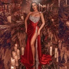 Красное Длинное блестящее платье-Русалка для выпускного вечера, с высоким разрезом и блестками, атласное платье для вечеринки, свадебная одежда, сексуальное вечернее платье