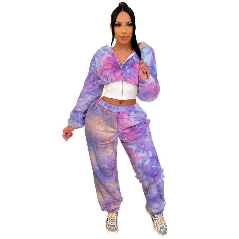 

Velvet Tracksuit Women Two Piece Set Zipper Hooded Crop Top + Wide Leg Pants Suits Fashion Colorful Winter Velour Warm Clothing
