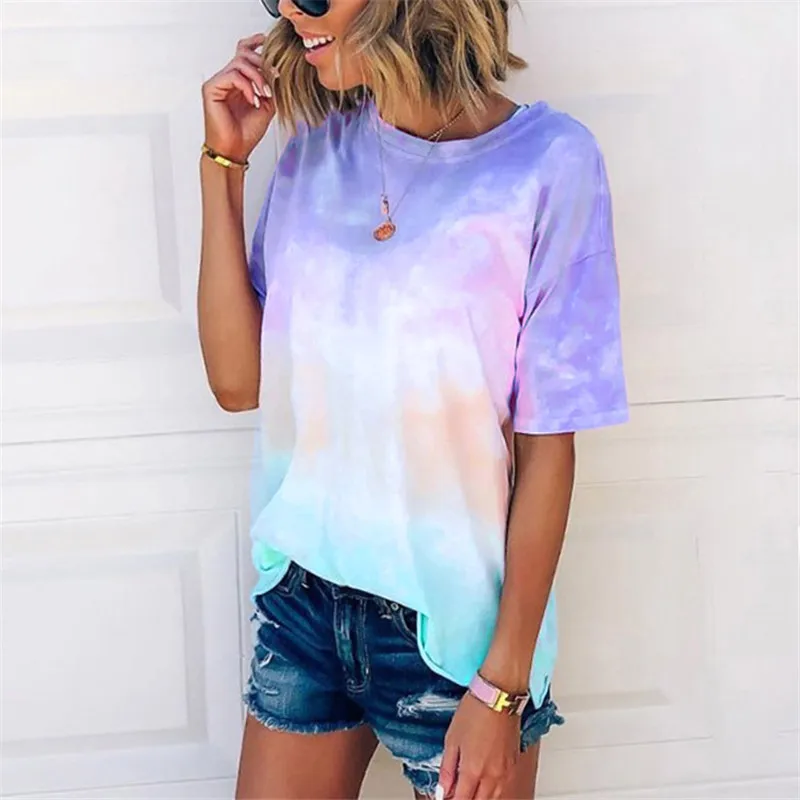 

Women T-shirt Tie Dye Tops Tee Summer Short Sleeve 2021 Camiseta Mujer Plus Size Tee Shirt Femme Streetwear O-neck Tee Blusa