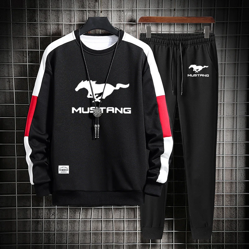 

Spring Autumn Men's suits Mustang Car Logo Print Casual high quality Cotton Splicing Men's O-neck pullover+pants 2-piece set
