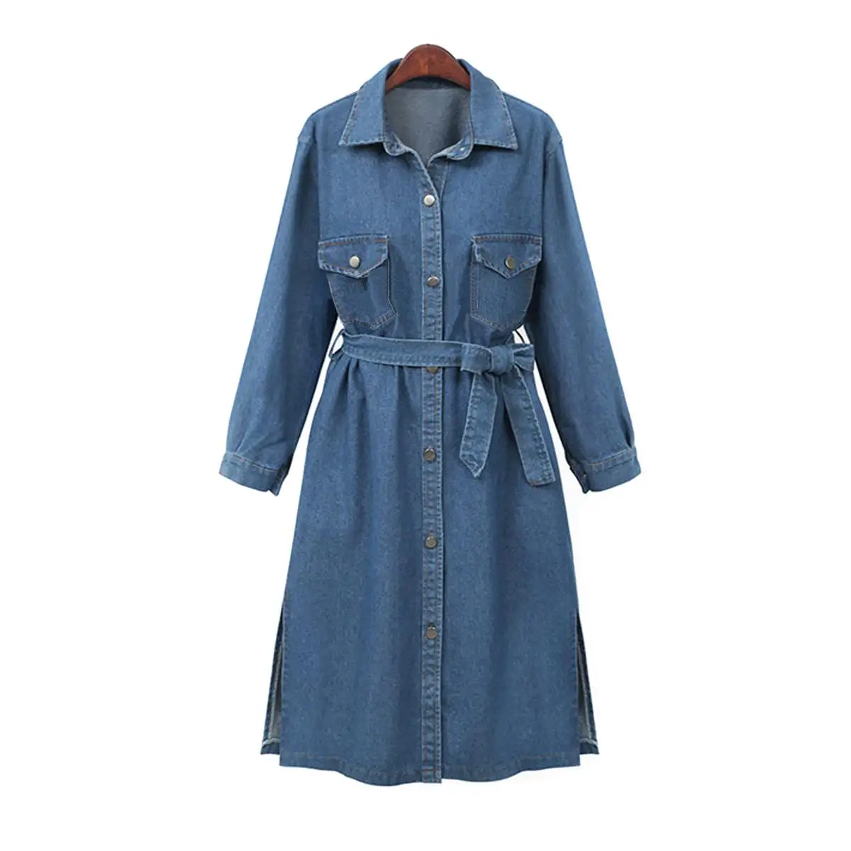 L-4XL Autumn Women Plus size Denim Trench Coat Female Button Casual Blue Overalls Pocket Big Large Size Long Coats | Женская одежда