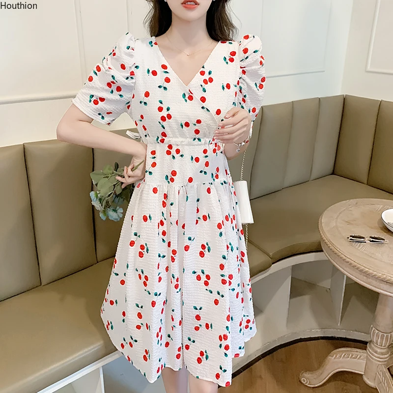 

Chiffon Loose Plus Size Women's Dress New Casual Fashion Dresses V-neck Mid-length Short Sleeve Cherry Print Summer Houthion