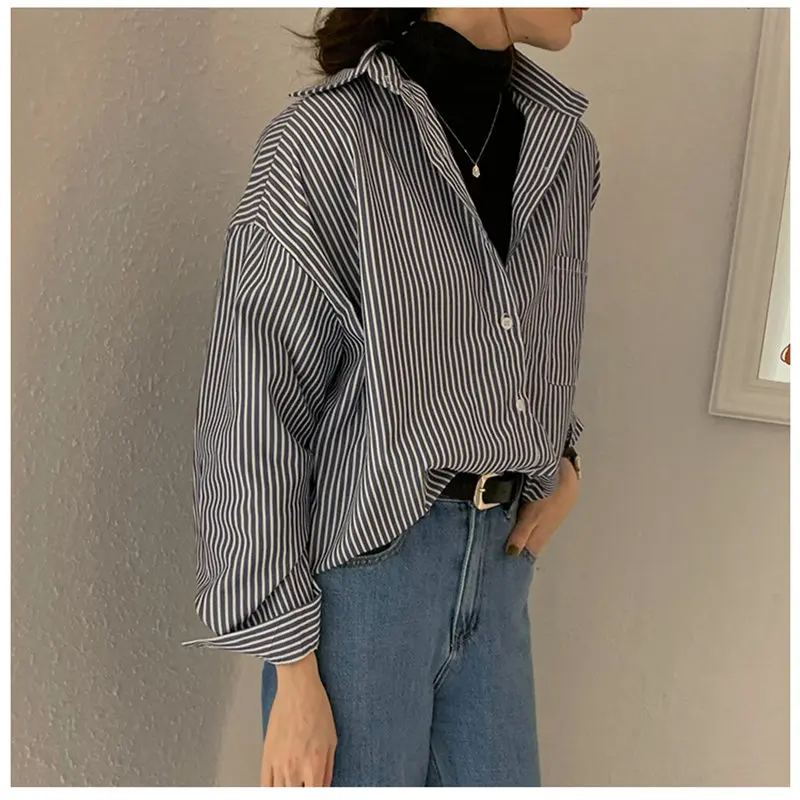 

Chic Striped New Autumn Women Capable Basic Shirts Hot Casual All-Match Loose Leisure Tops Female Stylish Blouses