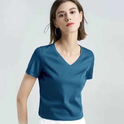 Solid color V-neck T-shirt Summer casual T-shirt women's slim-fit T-shirt 2021 gray