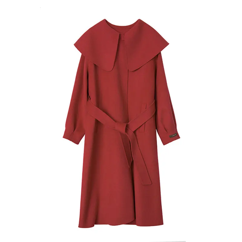 

Women's handmade lapel tie cashmere coat solid color woolen coat autumn and winter mid-length cashmere coat