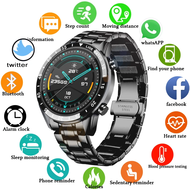 

LIGE 2020 Full circle touch screen steel Band luxury Bluetooth call Men smart watch Waterproof Sport Activity fitness watch+box