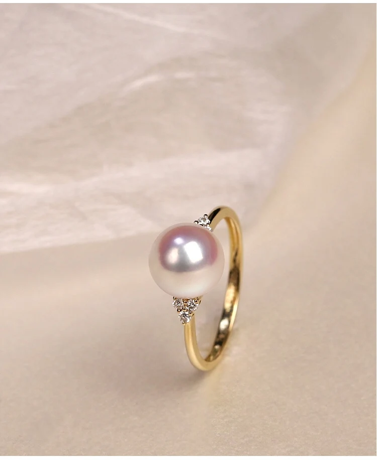 18K import Solid Yellow Gold Jewelry(AU750) Women  Single Grain Akoya Peas Weaving Diamond  ring  Natural Seawater Pearl  Lady