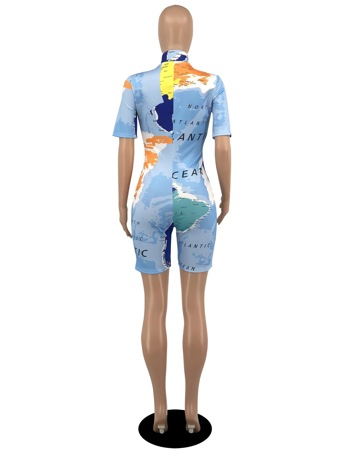 

Women Jumpsuits Short Sleeve Zipper Bodysuit Casual Map Printed Short One Piece Romper Bodycon Jumpsuit Wholesale Dropshipping