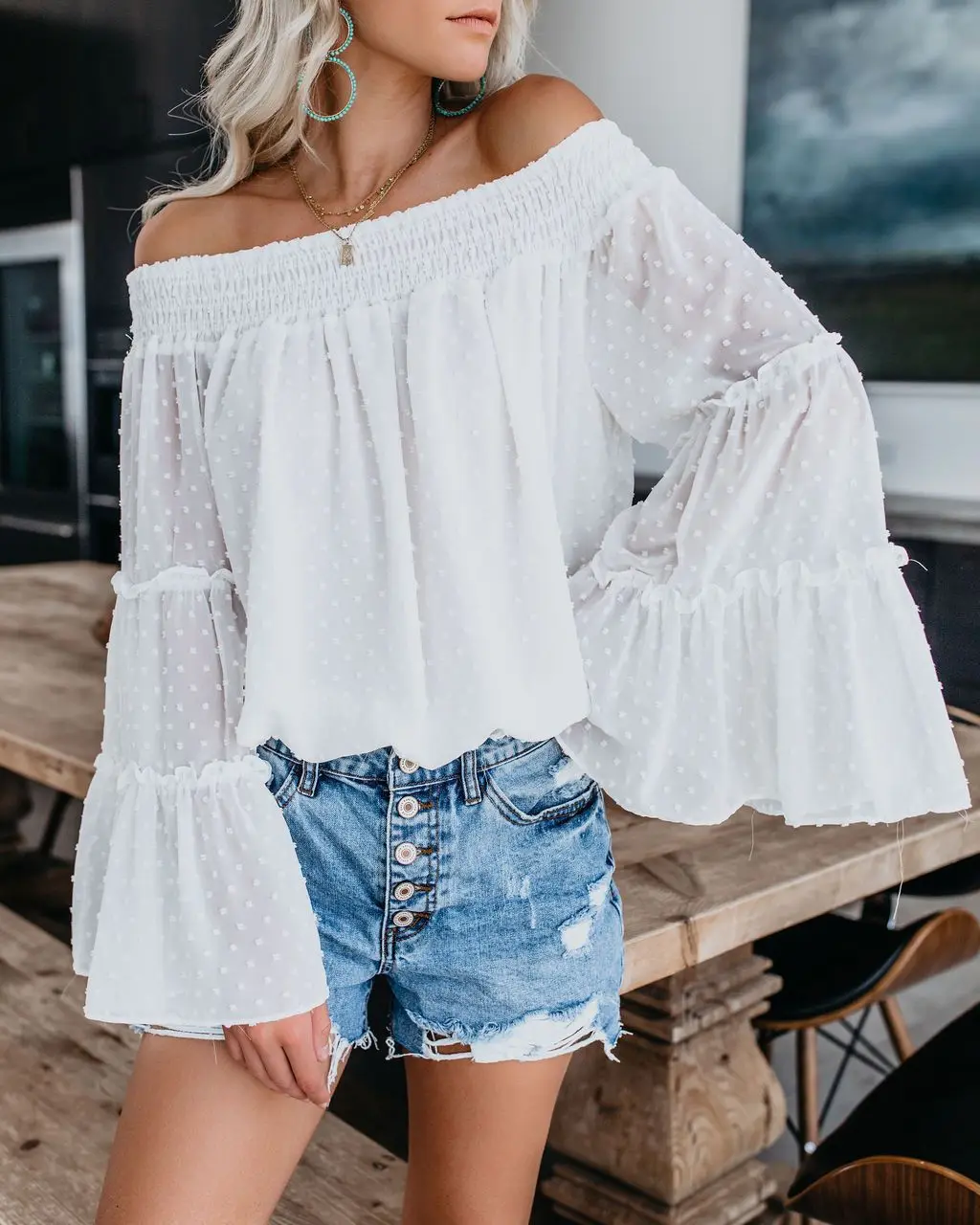 

2019 Women Fashion Summer Casual Off Shoulder Tops Blouse Trumpet Sleeve Shirt