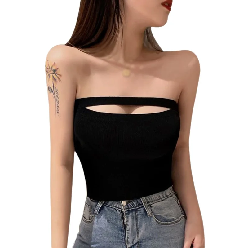 

Women's Solid Ruffles Sexy Tanks Strapless Female Korean Top Ladies Shirt Summer Slim Exposed Navel Knitted Crop Top