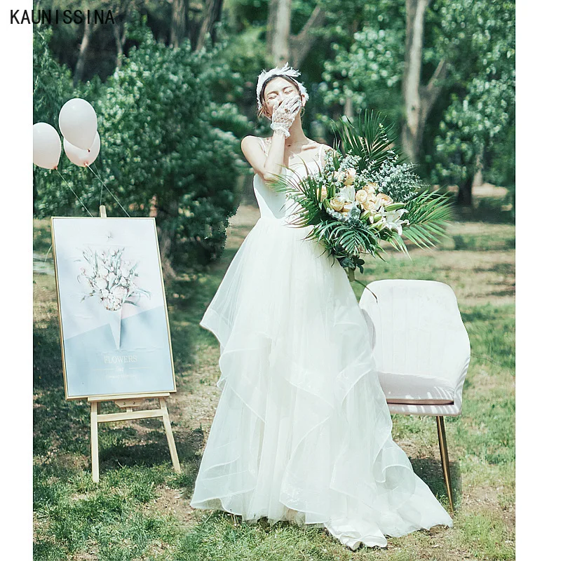 

KAUNISSINA New Fashion Bridal Gowns Women Spaghetti Straps Sleeveless Simple Wedding Dresses Long A-Line Bride Marriage Dress