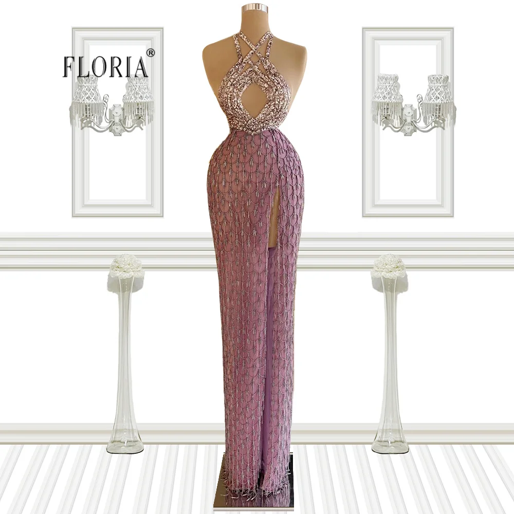 

Женское вечернее платье с лямкой на шее, розовое длинное сексуальное платье с бисером и высоким разрезом спереди, 2021