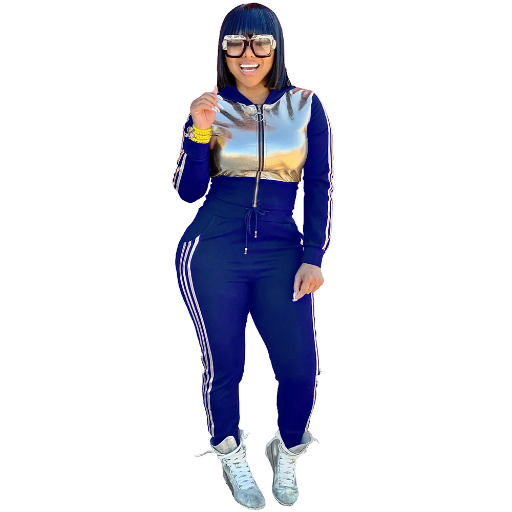 

Long Sleeve Hooded PU Spliced Zippers Corset Tops Striped Print Drawstring High Waist Sweatpants Casual Tracksuit Two Piece Sets