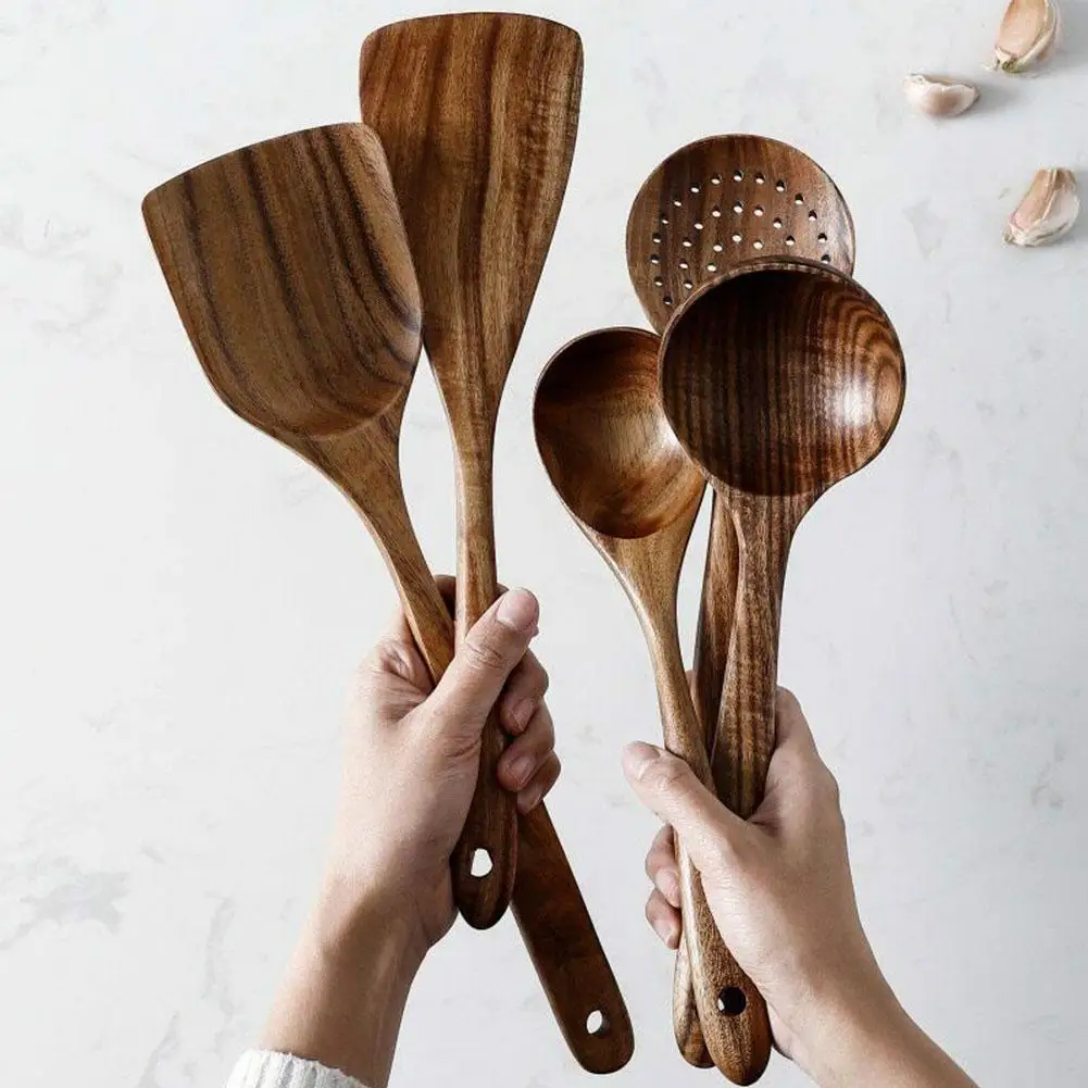 

1-7pcs Teak Natural Wood Tableware Spoon Colander Spoon Special Nano Soup Skimmer Cooking Spoon Wooden Kitchen Tool Kit